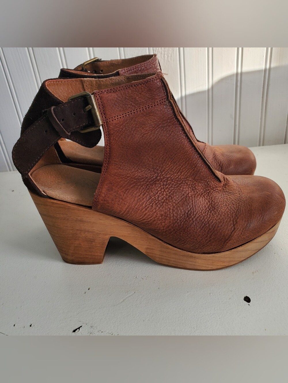 Free People Amber Orchard Open-Back Leather Clogs with Suede Buckle Boho Folk